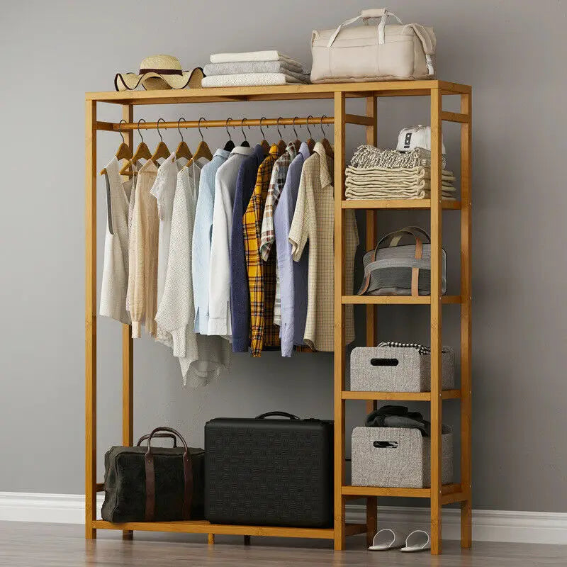 Bamboo Wood Clothing Garment Rack with Shelves