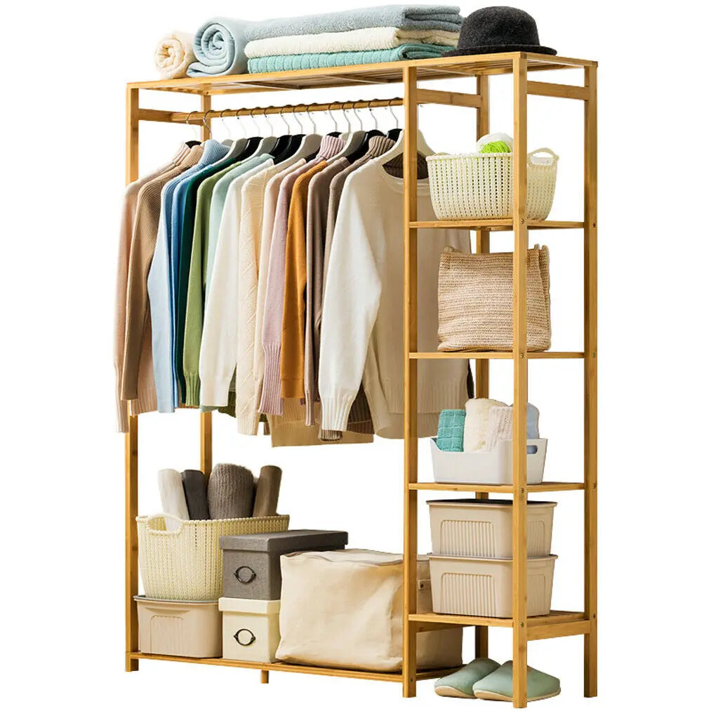 Bamboo Wood Clothing Garment Rack with Shelves