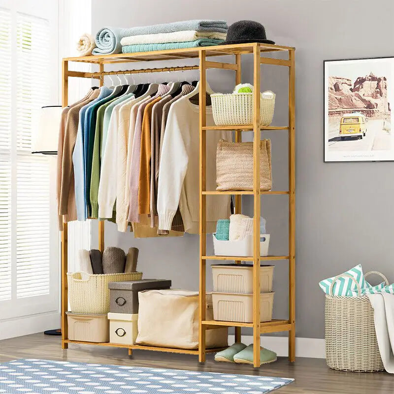 Bamboo Wood Clothing Garment Rack with Shelves