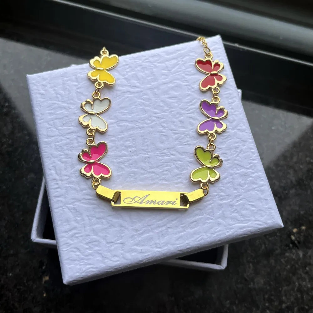 DUOYING Custom Nameplate Bracelet Butterfly Chain Personalized Enamel Colorful Charms Bangles For Kids Jewelry Gift