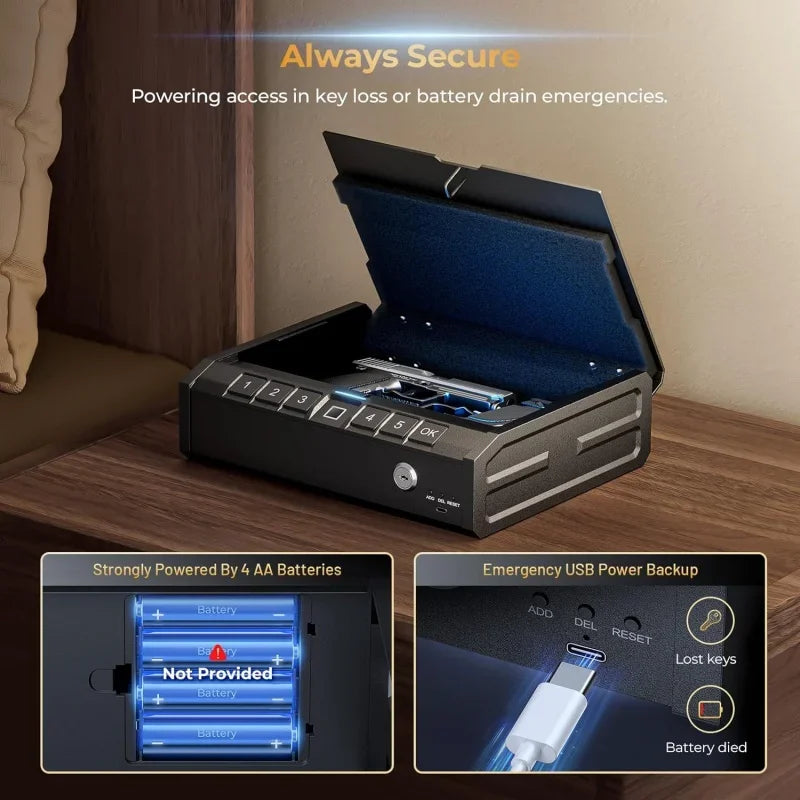 Biometric Gun Safe for Pistols,, Quick-Access Firearm Safety Device with Fingerprint Lock or Key Pad,  Box