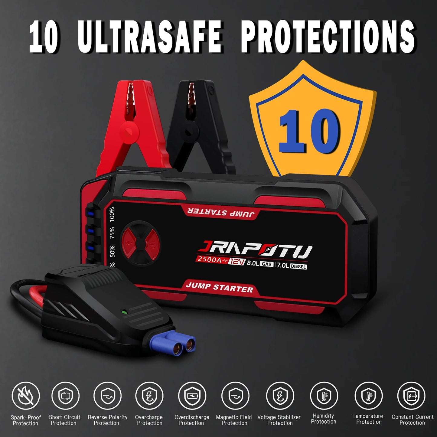 Portable Car Jump Starter, 2500A Peak Battery Jumper