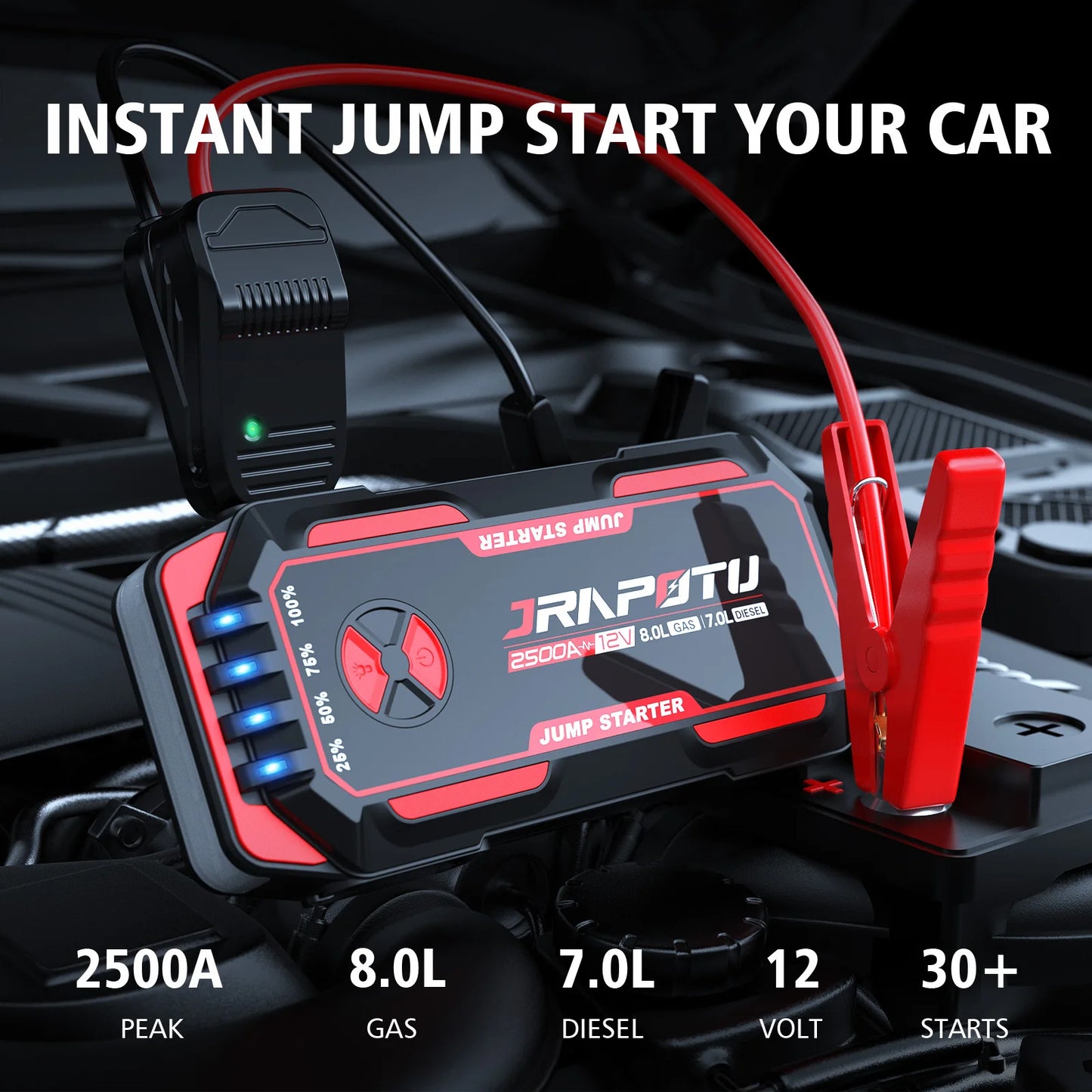 Portable Car Jump Starter, 2500A Peak Battery Jumper