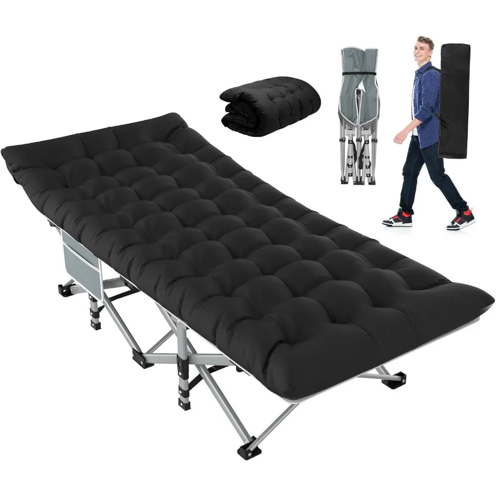 Folding Camping Cot with Mattress Black,Max Load 800lbs