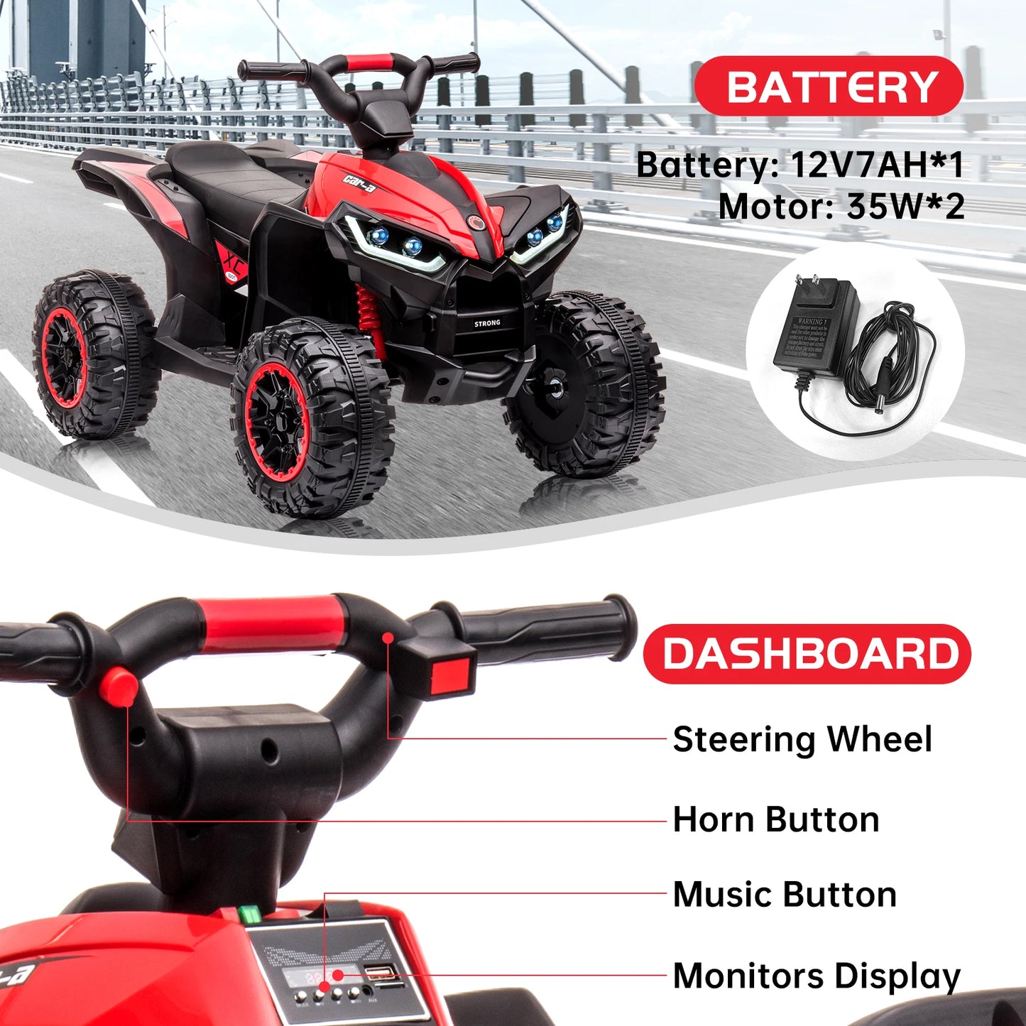 12V Kids Ride On ATV, Electric Battery, Powered Four Wheeler