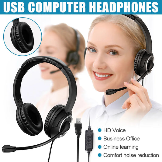 Wired USB Headset Call Center Headphones with Microphone