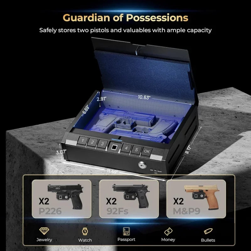 Biometric Gun Safe for Pistols,, Quick-Access Firearm Safety Device with Fingerprint Lock or Key Pad,  Box