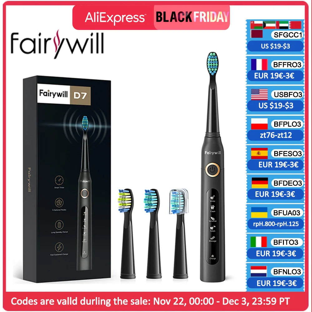 Fairywill Electric Sonic Toothbrush USB Charge Rechargeable